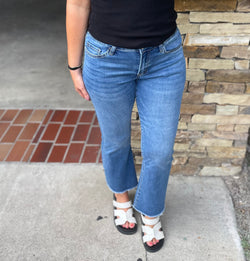 Ali Blue Denim Wash Mid Rise Super Soft & Stretch Crop Flare jeans by Vervet