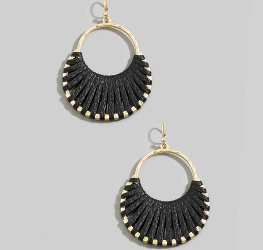 Black Leather Wrap Gold Fishhook Earrings