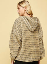 Teddy Soft Olive Tone Stripe Hoodie Zip Up Jacket w/Pockets