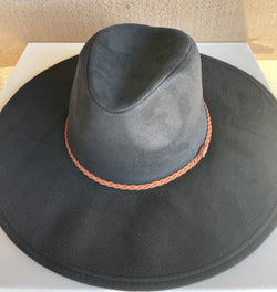 Austin Black Vegan Suede Flat Brim Hat w/Brown Rope Band
