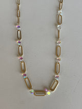 Gold Chain Link & Aurora Borealis Stone Necklace