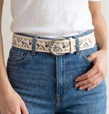 Floral Embroidered Ivory Belt w/Silver Buckle