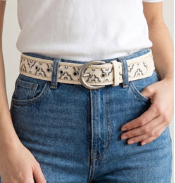 Floral Embroidered Ivory Belt w/Silver Buckle