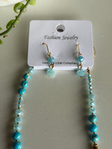 Aqua Blue & Gold Glass Beads and Stones Necklace & Earring Set
