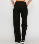 Black Ribbed Wide Leg Loungewear Pants w/Elastic Drawstring Waist