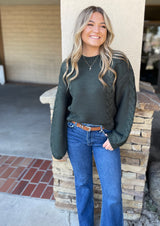 Hunter Green Cable Knit Crew Neck Pullover Sweater