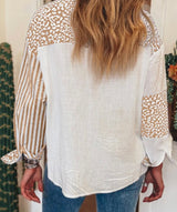 Khaki Leopard & Stripe Patchwork Long Sleeve Button Down Top w/Front Pocket