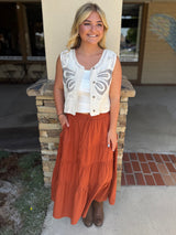 Terracotta Ruffle Tiered Elastic Tie Waistband Midi Skirt w/Pockets