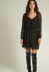 Milan Black Sheer & Gold Luxe Polka Dot Ruffle Detail Mini Dress w/Elastic Waist