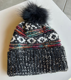 Black & Colorful Yarn Pom Pom Beanie w/Fold Over Cuff