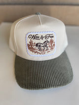 Olive Corduroy Brim and Cream Wild & Free Patch Trucker Hat w/Adjustable Snap Fit