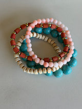 Turquoise, Coral & Cream Set of 4 Stretch Beaded Bracelets