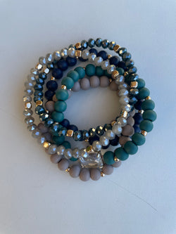 Teal & Blue Set of 5 Stretch Beaded and Glass Bracelets