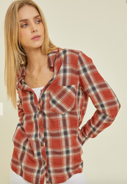 Rust Plaid Soft Flannel W/Front Open Pocket