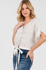 White Textured Bodice Short Sleeve Button Down Top w/Tie