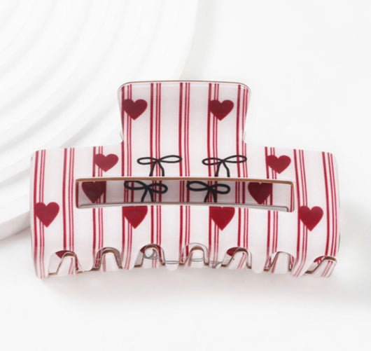 Valentines Striped, Heart & Bow Hair Claw Clip