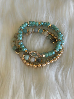 Mint & Gold W/Rhinestone Set of 4 Stretch Beaded Bracelets
