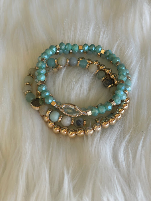 Mint & Gold W/Rhinestone Set of 4 Stretch Beaded Bracelets