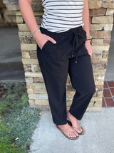 Everyday Black Slightly Crop Straight Leg Pant w/Pockets & Drawstring Elastic Waist