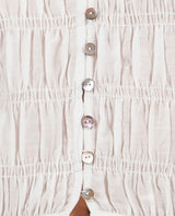 White Textured Bodice Short Sleeve Button Down Top w/Tie