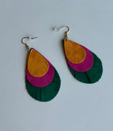 Camel, Berry & Emerald Genuine Leather Layered Teardrop Earrings