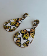Flutter White Teardrop Post Earrings w/Yellow Butterfly Design