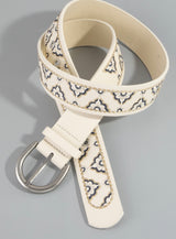 Floral Embroidered Ivory Belt w/Silver Buckle