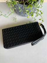 Black Weaved Wallet w/Zipper & Wristlet Strap