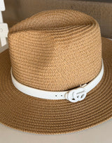 Tan Straw Sunhat w/White Faux GG Band and Adjustable Fit