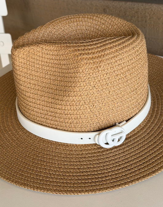 Tan Straw Sunhat w/White Faux GG Band and Adjustable Fit