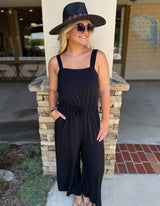Black Flowy Leg Tank Jumper w/Drawstring Waist, Adjustable Straps and Pockets