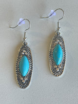 Antique Silver Oval Drop Turquoise Stone Fishhook Earrings