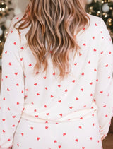 Fiery Red Heart Print Long Sleeve & Drawstring Lounge Pant Pajama Set
