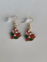 Candy Cane & Holly Christmas Gold Fishhook Earrings