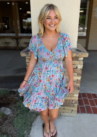 Teal Bayou Floral Print Tiered Short Dress by Angie