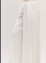 Off White Beachy Wide Leg Pants w/Elastic Tie Waist & Pockets