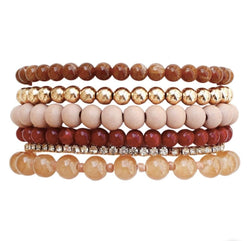 Rose Pink & Gold Set of 6 Beaded Stretch Bracelets