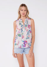 Vibrant Pink & Purple Floral Print Ruffle Trim Tank Top w/Half Button Neckline by Lovestitch