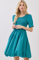 Indy Teal Smocked Bodice Puff Hemline Dress w/Pockets