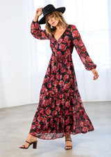 Magenta Roses & Lace Tiered Maxi Dress w/Lining & 3/4 Sheer Sleeves by Lovestitch