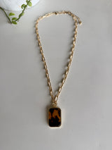 Gold Chain Link w/Rectangle Tortoise Stone Necklace