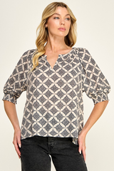 Bordeaux Cream & Black Diamond Design Boho Blouse