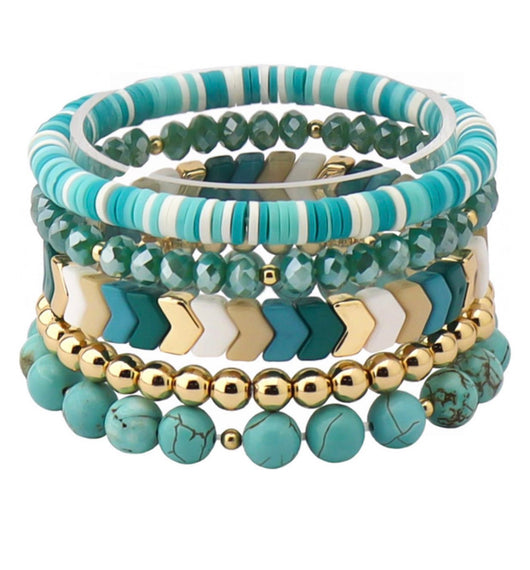 Teal, Gold & Turquoise Beaded, Chevron and Flat Bead Set of 5 Stretch Bracelets