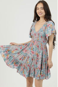 Teal Bayou Floral Print Tiered Short Dress by Angie