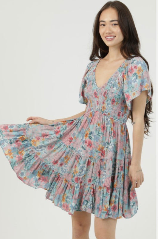 Teal Bayou Floral Print Tiered Short Dress by Angie ocsocialbutterfly.com Teal Bayou Floral Print Tiered Short Dress by Angie ocsocialbutterfly.com