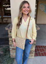 Yellow V-Neck Loose 3/4 Sleeve Top