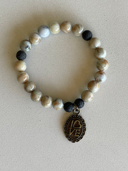 Natural & Black Lava Bead w/Antique Gold Love Charm Handmade Beaded Bracelet