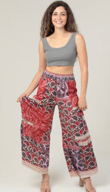 Red Lilac Paisley Design Wide Leg, Lace Inserts and Smocked Waist Pants by Angie