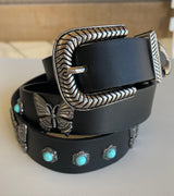 Butterfly Studded Black & Silver W/Turquoise Stones Belt