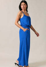 Cobalt Blue Ribbed Texture Wide Leg Adjustable Spaghetti Strap Midi Jumper w/Pockets